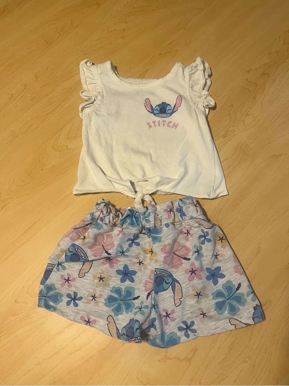 Disney White Tie-Front Top & Blue-Pink Floral Stitch Shorts Matching Set
